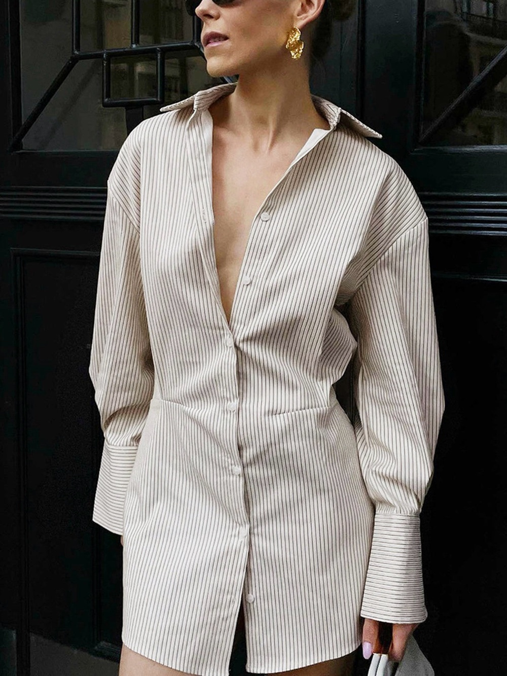 Commense Pinstripe Shirt Dress M Tan White Cotton Quiet Luxury Office Chic